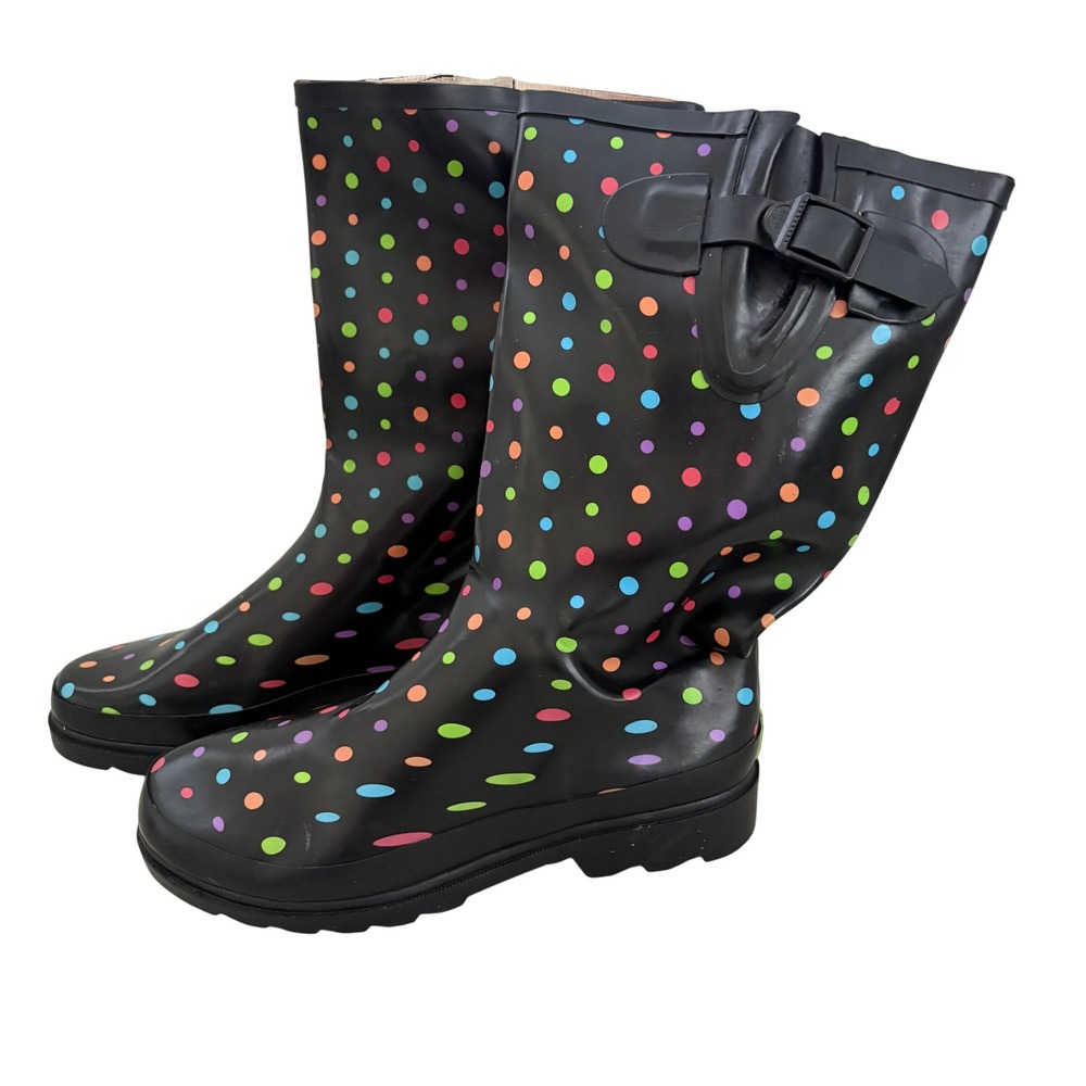 Western Chief Ditsy Dots Rain Boots Black Multi Color Polka Dot Waterproof Sz 8 - Picture 2 of 11